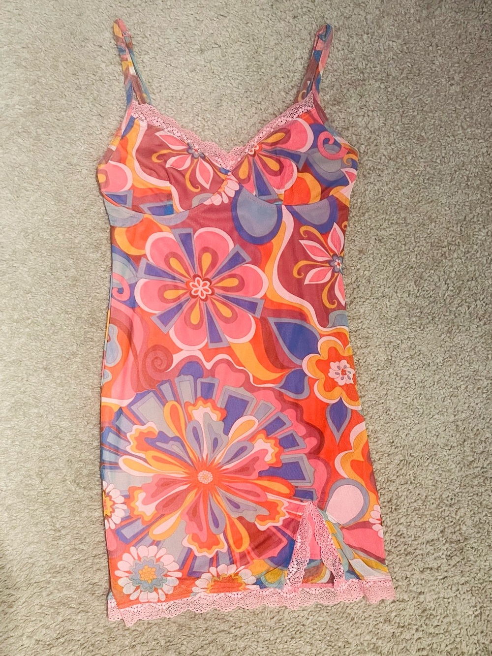 Floral Multicolor Mini Slip Dress with Lace Trim NEW with TAGS